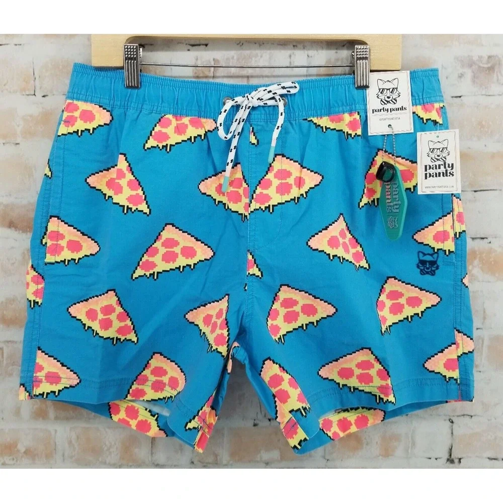 Party Pants USA Men's Swim Trunks Blue Baked Short Pizza Large NWT